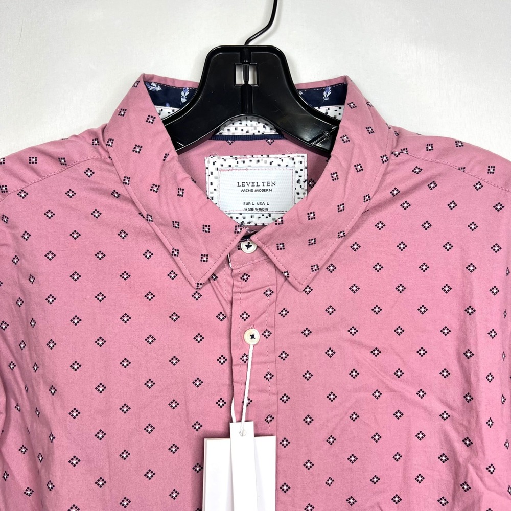 Level Ten Pink Peached Poplin Button Down Mens Large Slim Fit Diamond Print‎ NWT
